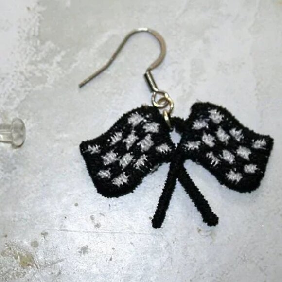 HANDMADE Earrings Checkered Flags Race Win Embroidered Pierced Black White - Picture 2 of 8